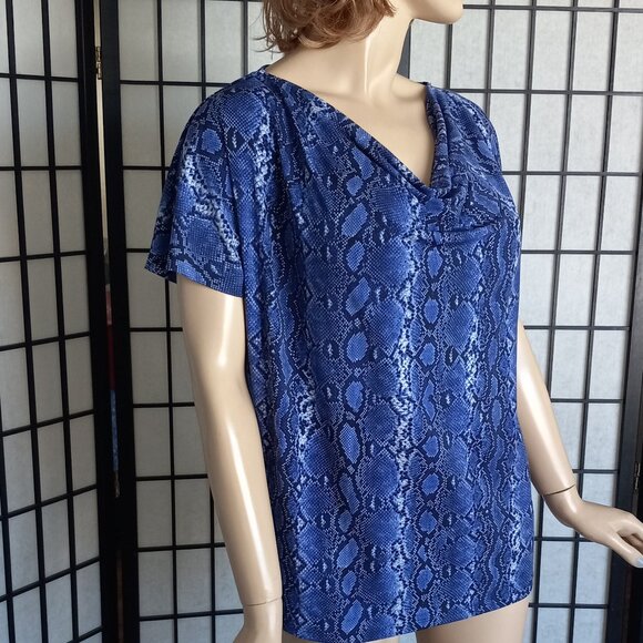 Glamorous Michael Michael Kors Blue Snakeskin Print Draped Neck Top Sz L - Picture 3 of 7